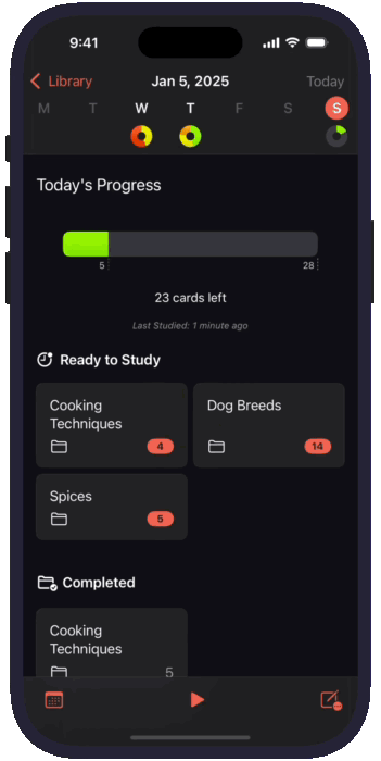 Demonstration of stats and calendar, swiping through previous weeks. It then opens a future date, which shows 1 upcoming folder.