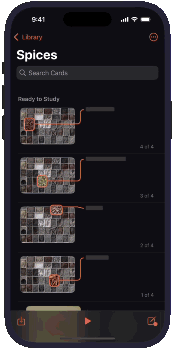 An animation of studying spice annotations in Benkyo Box's StudyView.