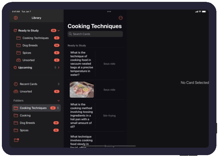 A demonstration of organizing flashcards in folders and subfolders on an iPad. It moves a Cooking Techniques and a Spices folder into a Cooking folder. It then adds various cooking-related flashcards from Inbox into the Cooking folder.